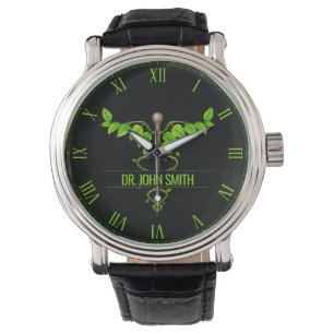 Holistisk alternativ medicinsk Caduceus Grönt Löv Armbandsur
