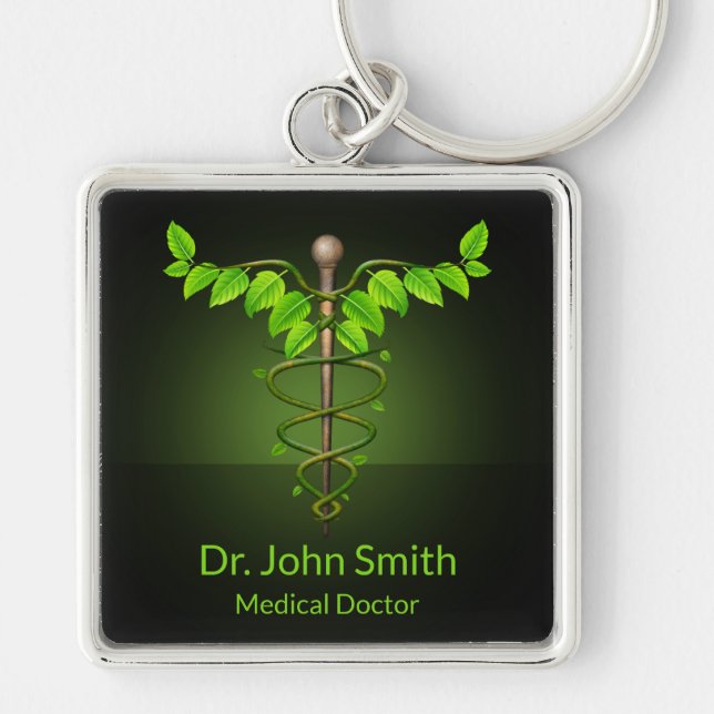 Holistisk alternativ medicinsk Caduceus Grönt Löv Fyrkantig Silverfärgad Nyckelring (Framsidan)