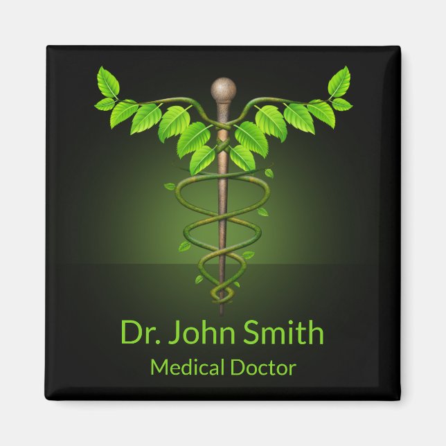 Holistisk alternativ medicinsk kaduceus gröna blad magnet (Framsidan)