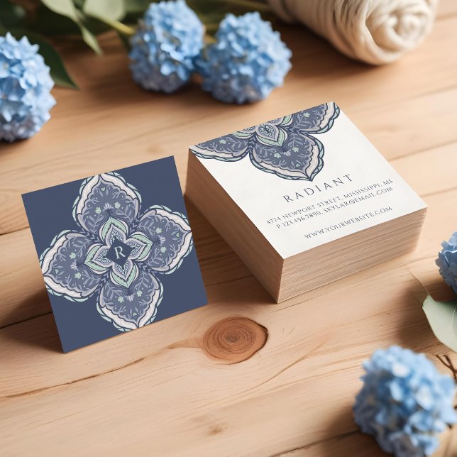 Holistisk Andlig-dekorativ Blommigt Mandala Blue Fyrkantigt Visitkort (Holistic Spiritual Decorative Floral Mandala Blue Square Business Card)