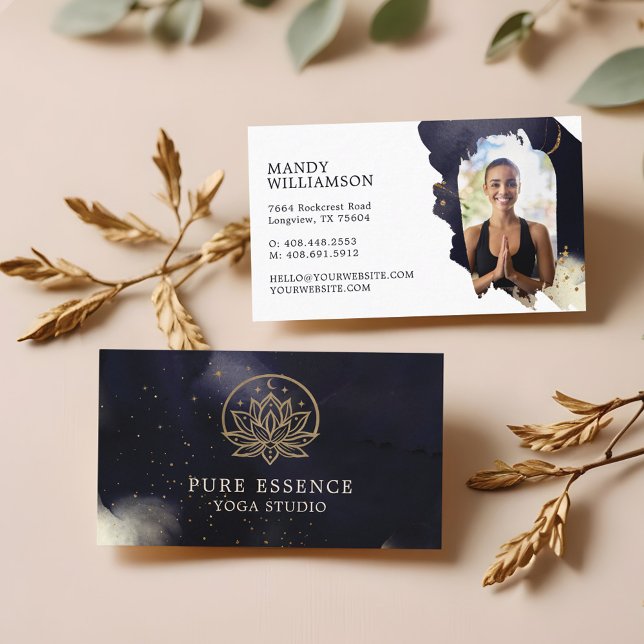 Holistisk Guld Celestial Lotus Mörk Bläck Yoga Fot Visitkort (Holistic Gold Celestial Lotus Dark Ink Yoga Photo Business Card)