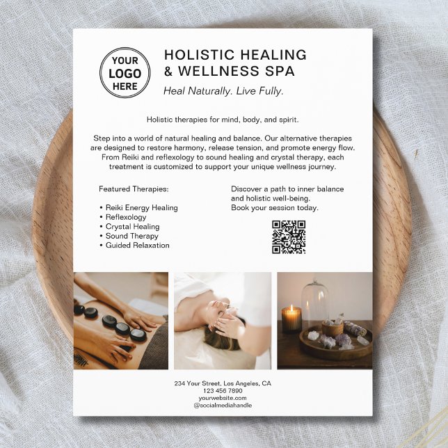 Holistisk hälsoterapeutisk Logotyp QR White Busine Reklamblad (Holistic Health Therapist Logo QR White Business Flyer)