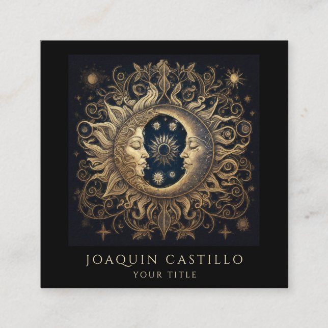 Holistisk kelestial Guld Sol Måne Black Fyrkantigt Visitkort (Framsida)