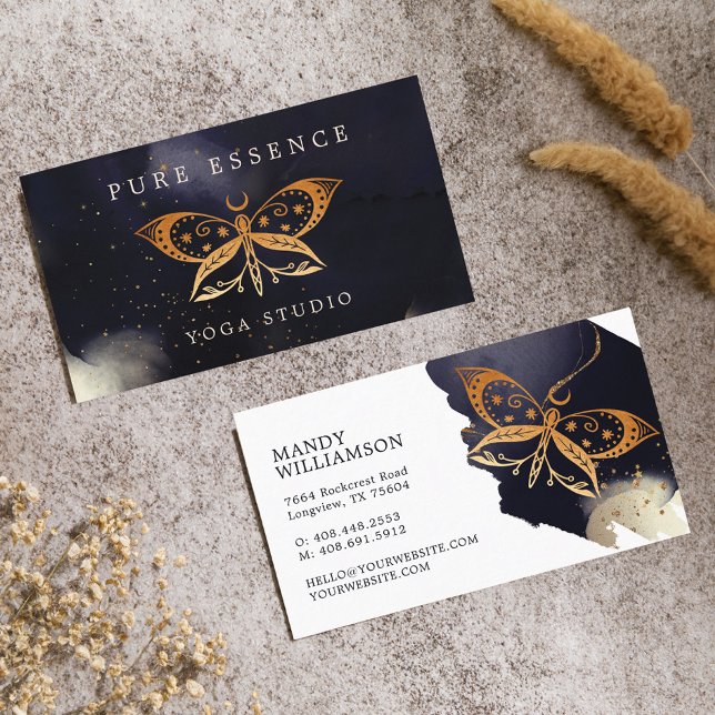 Holistisk kelestial Sol & Måne Butterfly Mörk Bläc Visitkort (Holistic Celestial Sun & Moon Butterfly Dark Ink Business Card)