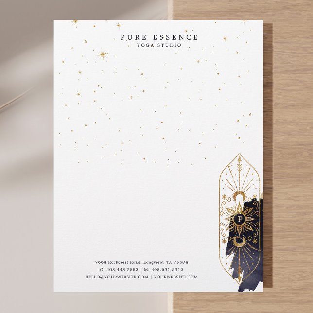 Holistisk kelestial Sol & Måne Mörk Bläck Monogram Brevhuvud (Holistic Celestial Sun & Moon Dark Ink Monogram Letterhead)