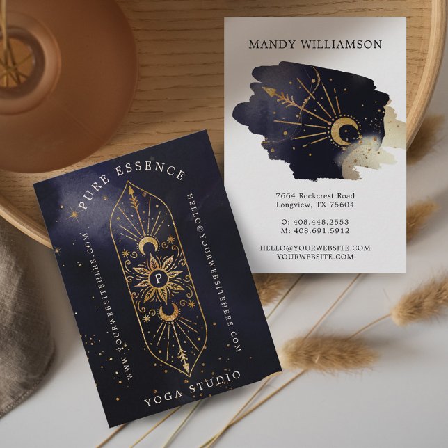 Holistisk kelestial Sol & Måne Mörk Bläck Monogram Visitkort (Holistic Celestial Sun & Moon Dark Ink Monogram Business Card)