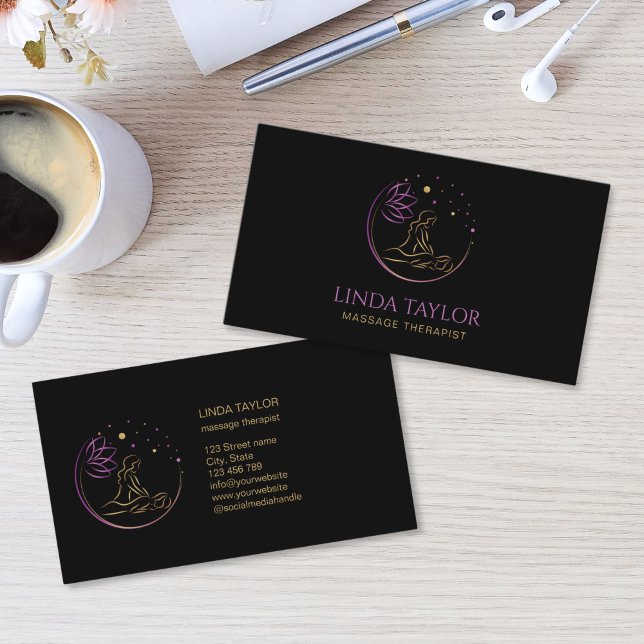 Holistisk massageterapi Helande energi Visitkort (purple and gold lotus flower logo for massage therapist)