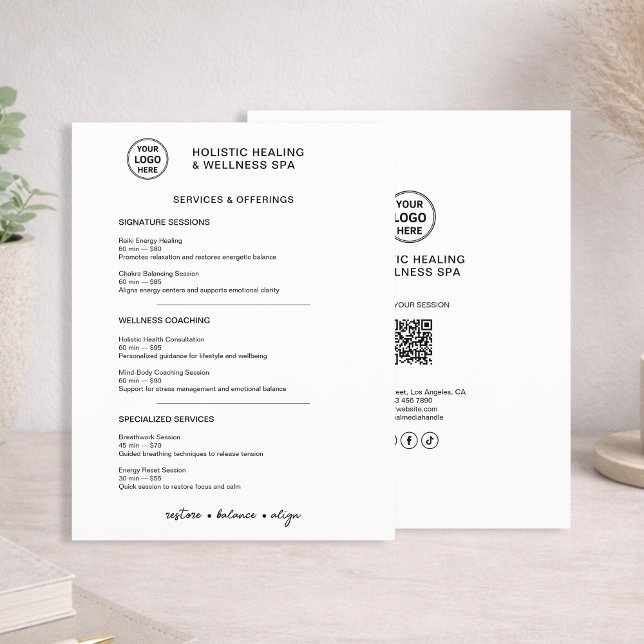 Holistiska välbefinnandetjänster Minimalistisk men Reklamblad (Holistic Wellness Services Minimalist Menu Flyer)