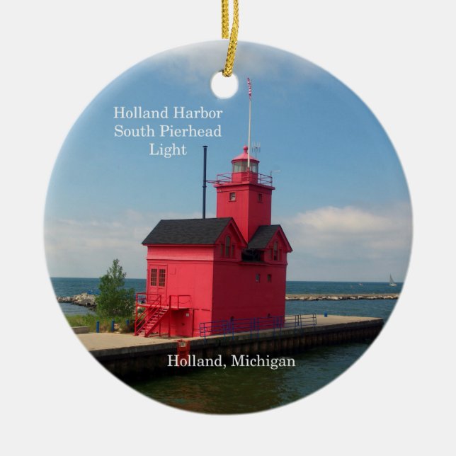 Holland Harbour South Pierhead Light Circle magnet Julgransprydnad Keramik (Framsidan)
