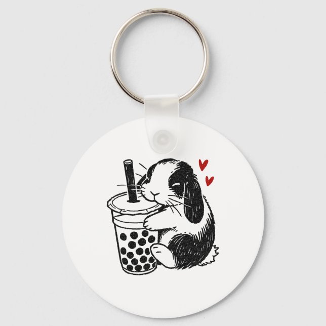Holland Lop Rabbit Kärlek Boba Tea Bunny och Bubbl Nyckelring (Framsida)