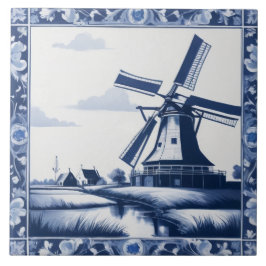 Holland Netherlands Kvarn Delft Blue and White Kakelplatta