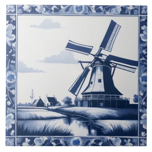 Holland Netherlands Kvarn Delft Blue and White Kakelplatta (Framsidan)