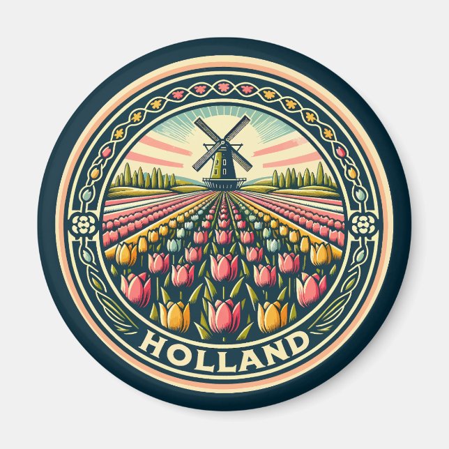 Holland Netherlands Travel Art Badge Magnet (Framsidan)