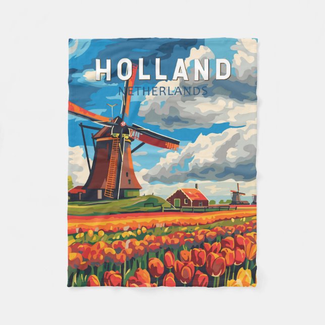 Holland Netherlands Travel Art Vintage Fleecefilt (Framsidan)