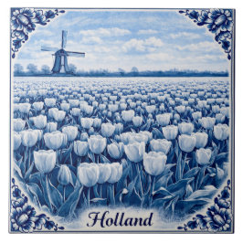 Holland tulips Delft Blue style ceramic tile Kakelplatta