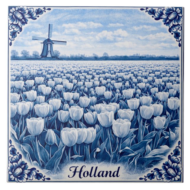 Holland tulips Delft Blue style ceramic tile Kakelplatta (Framsidan)