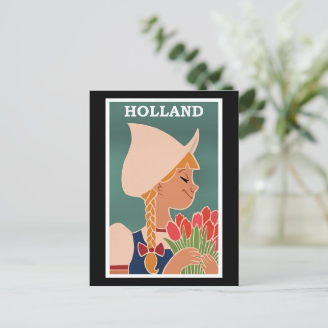 Holland, vintageaffisch, holländsk flicka med tulp vykort (Stående Fram)
