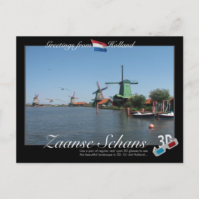 Holland ZaRenas Schans Windmil 3D Anaglyph Postcar Vykort (Framsida)