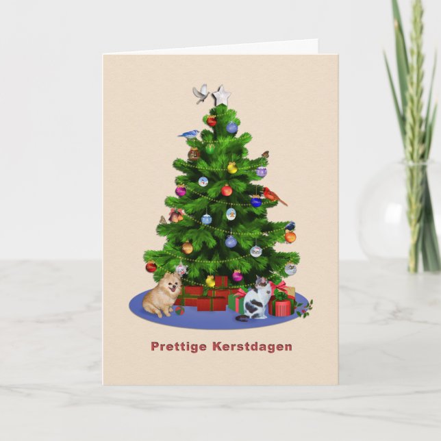Holländare god jul träd, fåglar, katt, hund helgkort (Framsida)