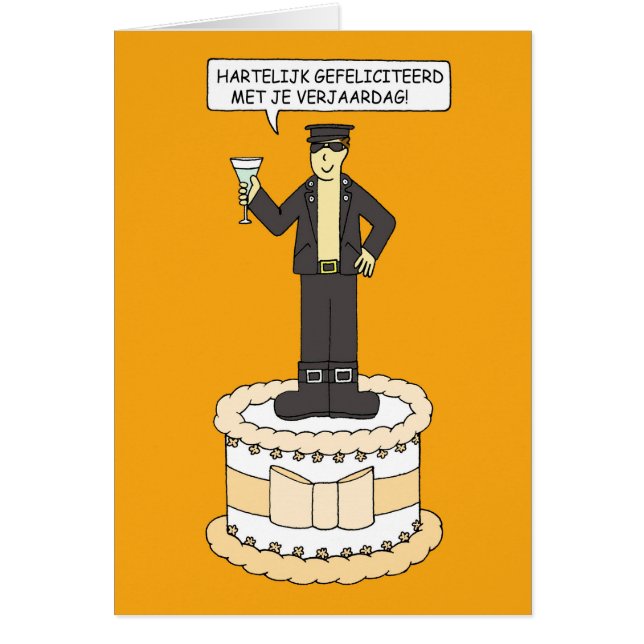 Holländsk grattis på födelsedagen, tecknadman i hälsningskort (Framsidan)