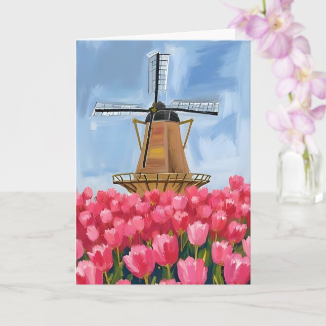 Holländsk väderkvarn Tulpan Blomsterfält Vattenfär Kort (Orkide)