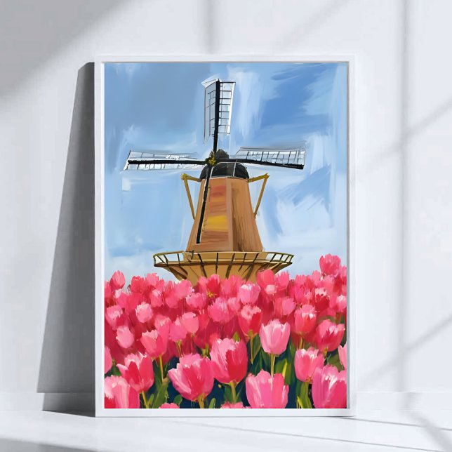 Holländsk väderkvarn Tulpan Blomsterfält Vattenfär Poster (Skapare uppladdad)