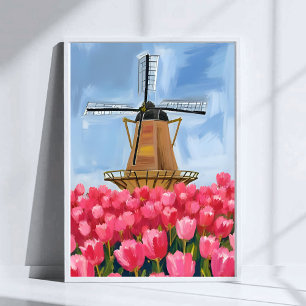 Holländsk väderkvarn Tulpan Blomsterfält Vattenkon Poster