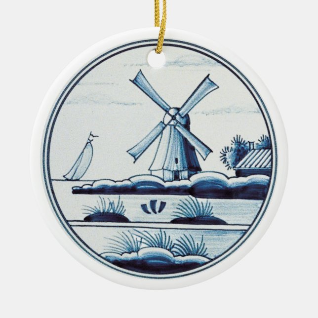 Holländska traditionella blått belägger med tegel julgransprydnad keramik (Framsidan)