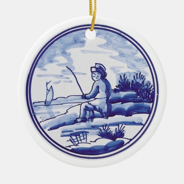 Holländska traditionella blått belägger med tegel julgransprydnad keramik (Framsidan)
