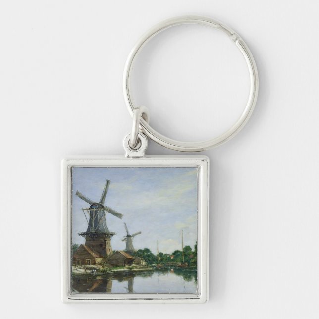 Holländska Windmills, 1884 Fyrkantig Silverfärgad Nyckelring (Framsidan)