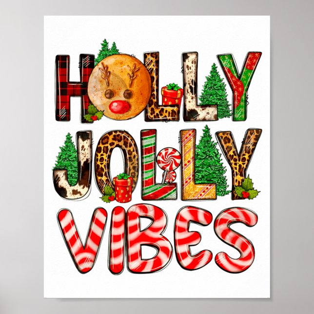 Holly A Jolly Vibes Reindeer Christmas Trees Light Poster (Framsidan)