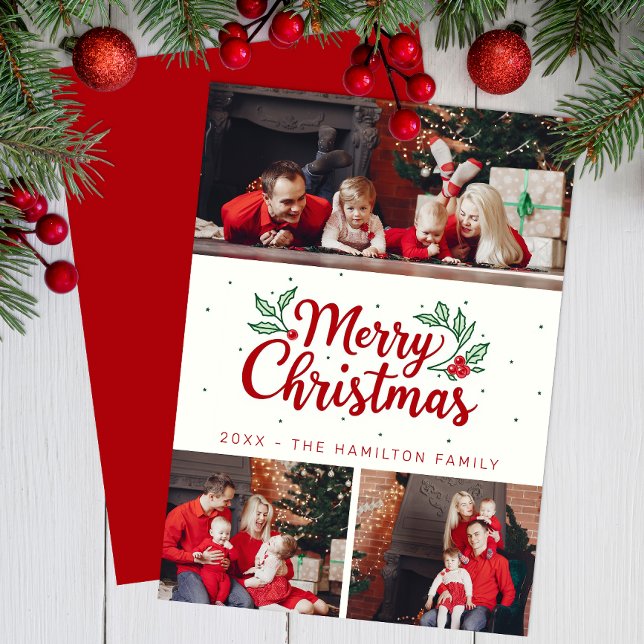 Holly Accent 3 Photo God jul Card Julkort (Simple Christmas Card)