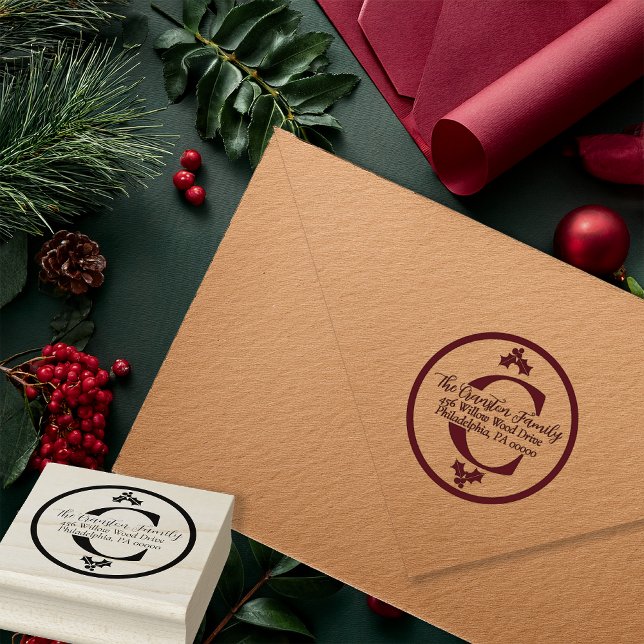 Holly and Berries Christmas Holiday Monogram Stämpel (Elegant Holly and Berries Christmas Holiday Monogram and Return Address Rubber Stamp)