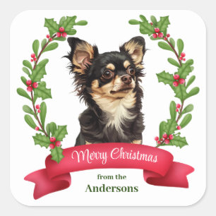 Holly Banner Black Tan Chihuahua Hund jul Fyrkantigt Klistermärke