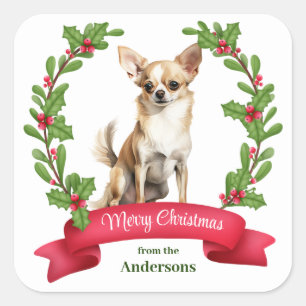 Holly Banner Brown White Chihuahua Hund jul Fyrkantigt Klistermärke