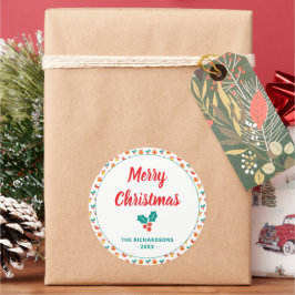 Holly Bell Stocking Mönster God jul Namn Runt Klistermärke