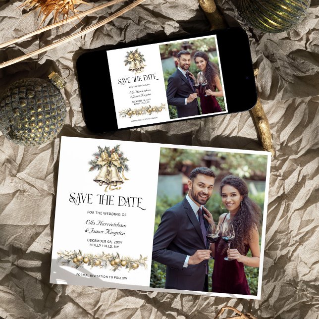 Holly Bells Julbröllopsfoto Spara Datumet (Save the Date with Photo from the Holly Bells Wedding Collection by Darling & May)