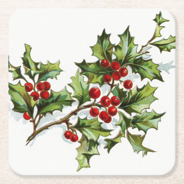 Holly Berries 001 Underlägg Papper Kvadrat (Framsidan)