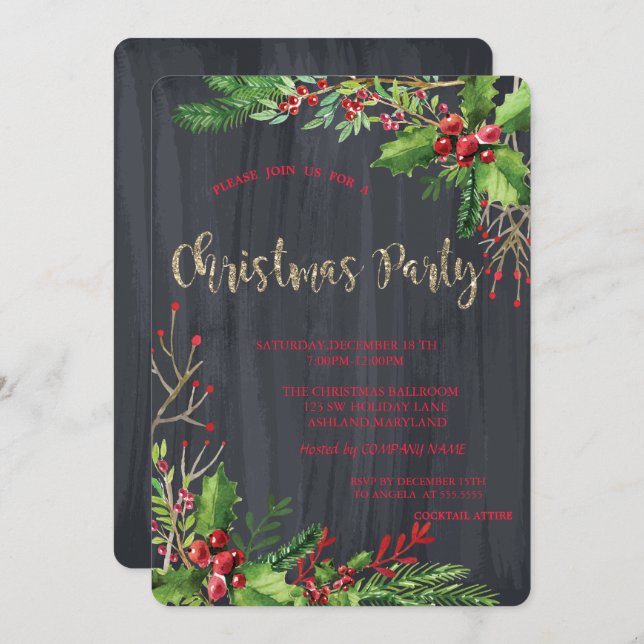 Holly Berries, Black Company jul Party Inbjudningar (Fram/baksida)