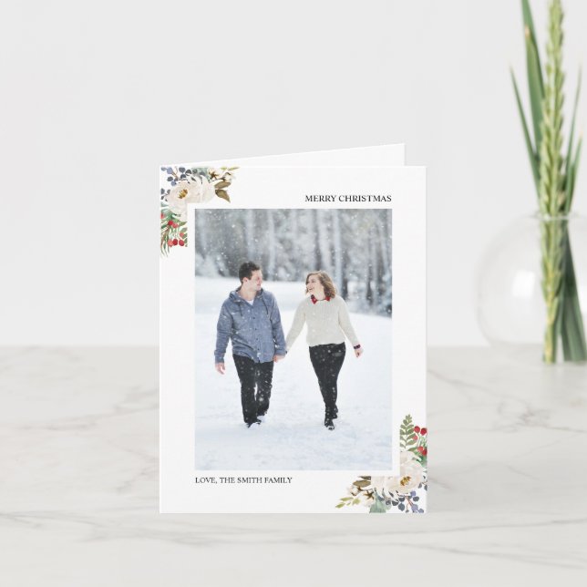 Holly Berries & Blommigt Season Greetings 2 Foto Helgkort (Framsida)