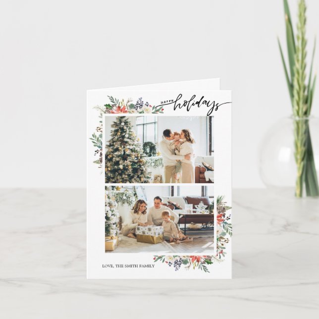 Holly Berries & Blommigt Season Greetings 3 Photo Helgkort (Framsida)