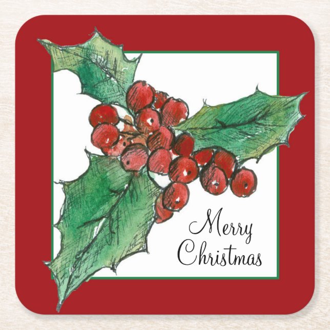 Holly Berries Botanical Plant Art God jul Underlägg Papper Kvadrat (Framsidan)