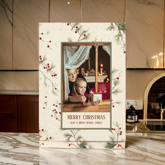 Holly Berries Cream Minimalist Flat Helgdag Card Julkort (Skapare uppladdad)