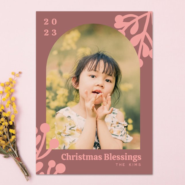 Holly Berries Dusty Rosa jul Photo Arch Julkort (Skapare uppladdad)