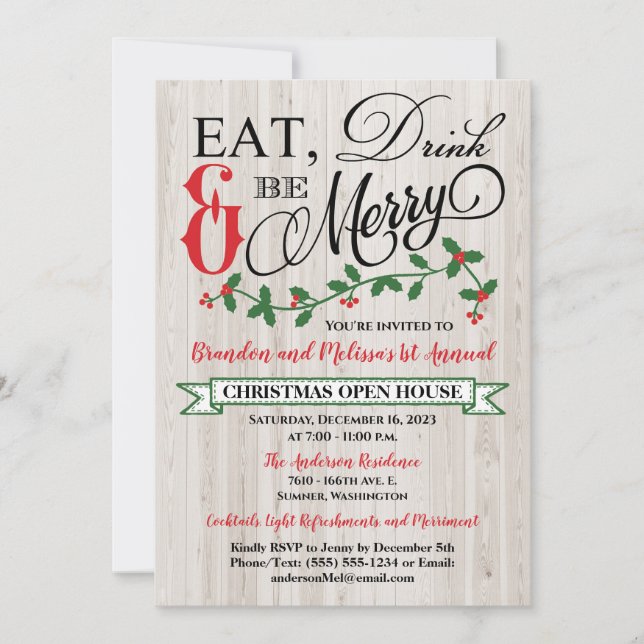 Holly, Berries, Eat, Drink och Var Merry Party Inbjudningar (Framsida)