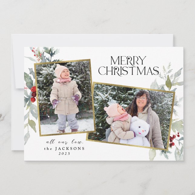 Holly Berries God jul 2 Photo Collage Julkort (Framsida)