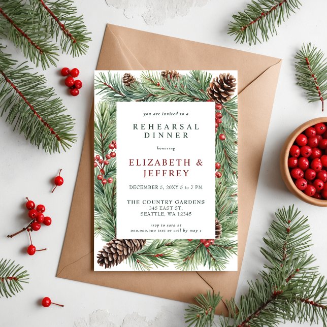Holly Berries Gräs Cone jul Rehearsal Dinner Inbjudningar (Holly Berries Pine Cone Christmas Rehearsal Dinner Invitation)