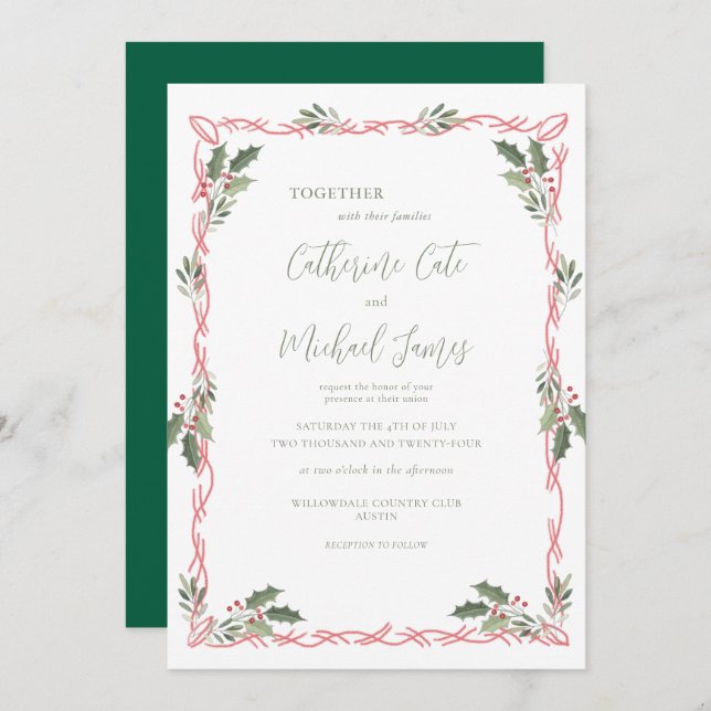 Holly Berries Green Christmas Theme Wedding Inbjudningar (Fram/baksida)