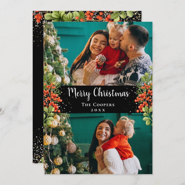 Holly Berries Guld Glitter God jul 2 Photo Julkort (Fram/baksida)