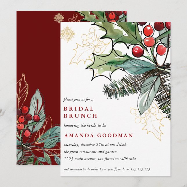Holly Berries jul Möhippa Brunch Bröllop  Inbjudningar (Fram/baksida)